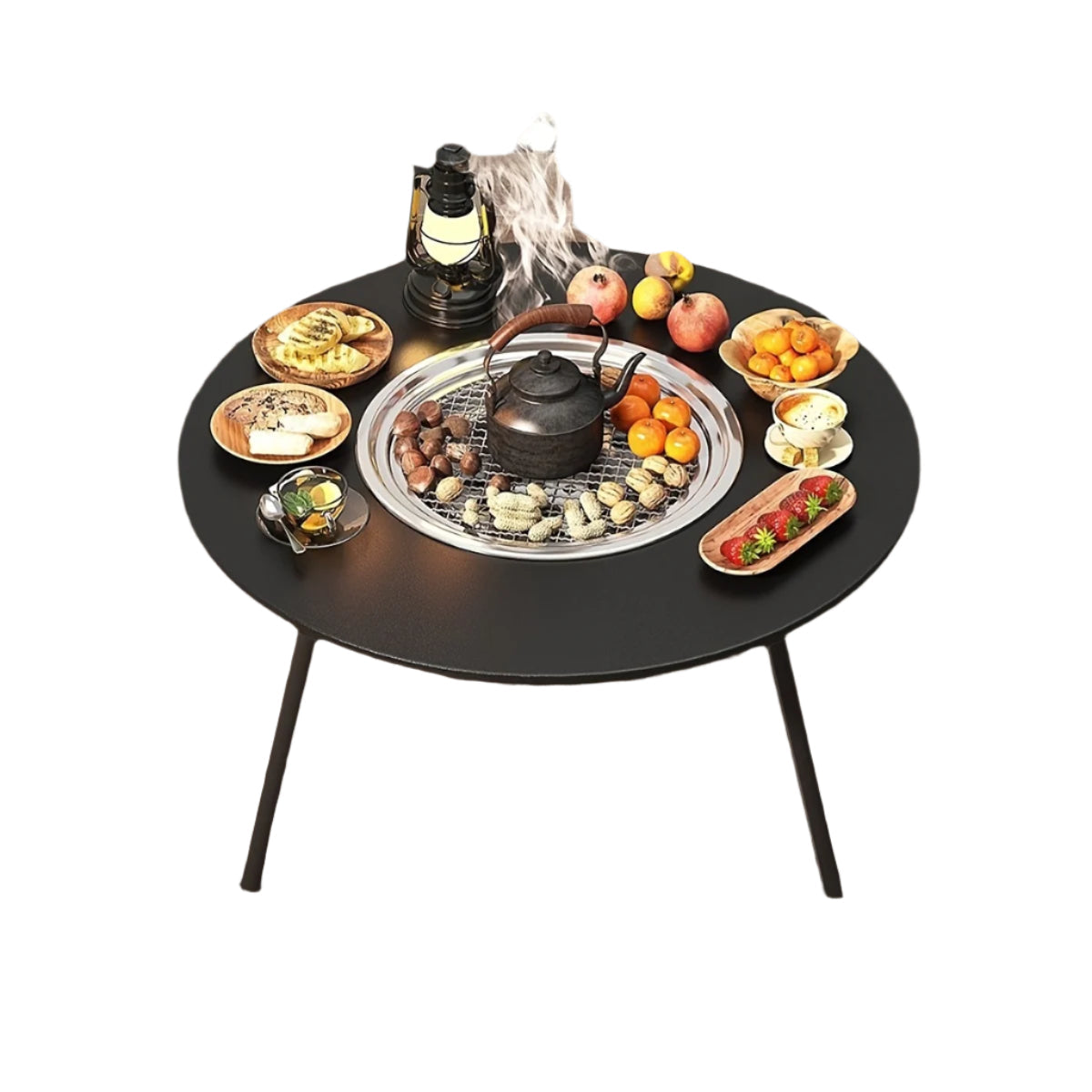Utegrill med kol och tesetbord