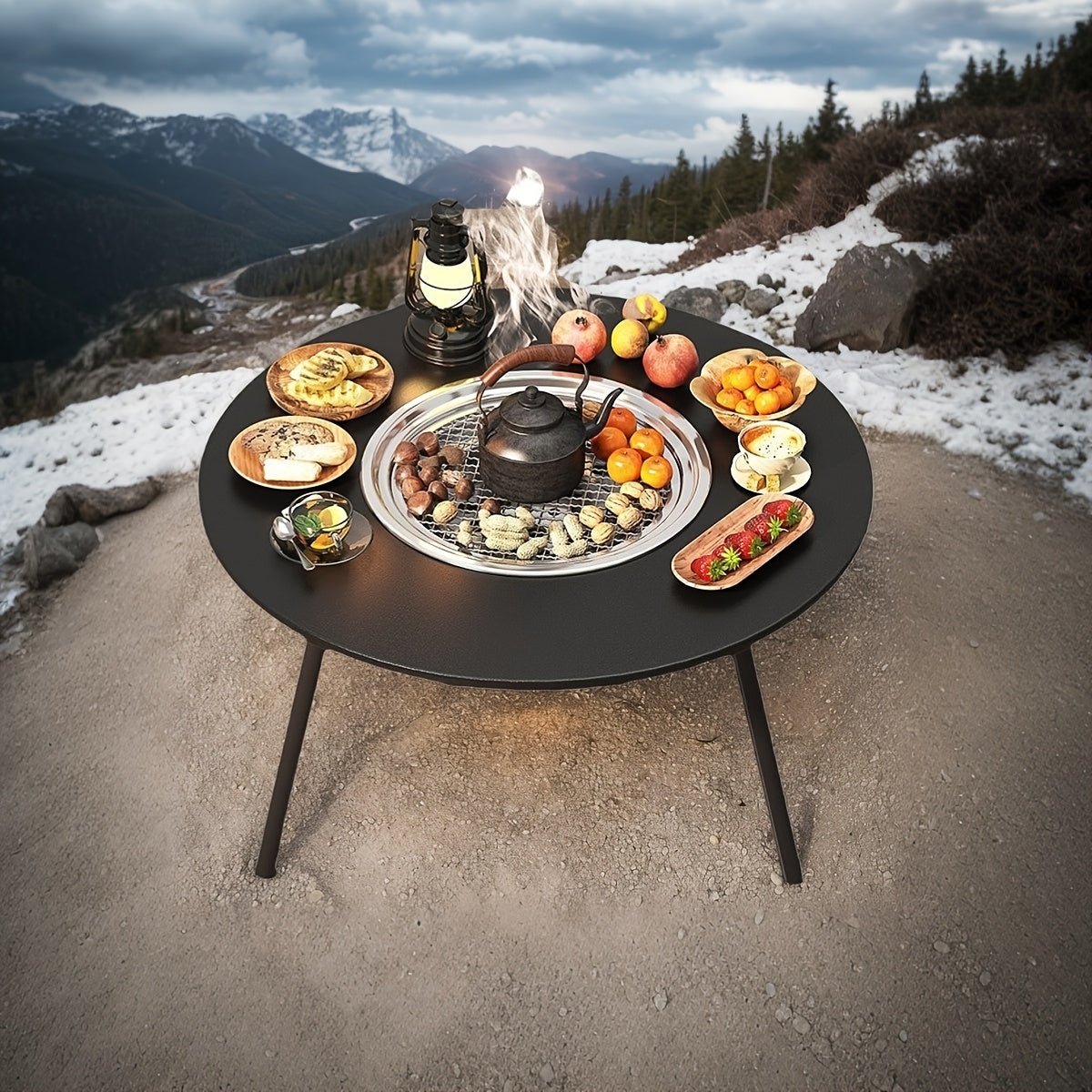Utegrill med kol och tesetbord